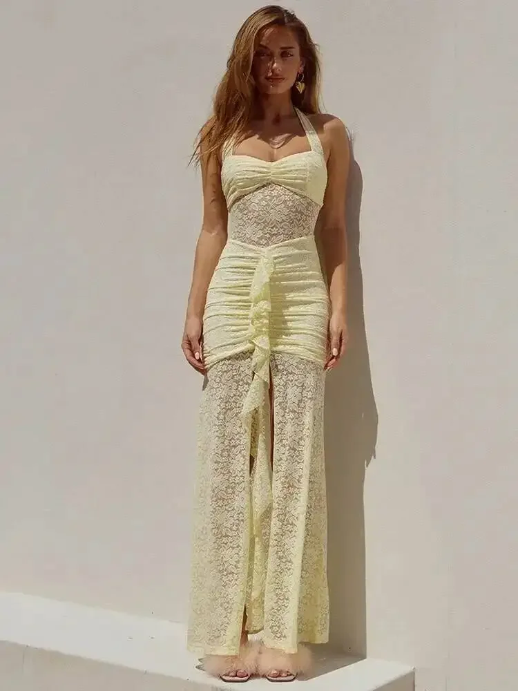 Lace Draped Ruched Sexy Maxi Dress Women Summer Patchwork Halter Sleeveless Backless Bodycon Club Long Dress Elegant