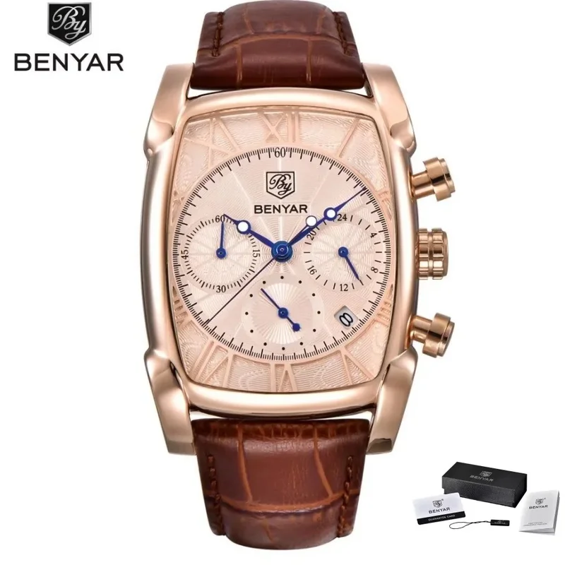 BENYAR BRAND 2026 Mens Watches Top Luxury Brand BENYAR Chronograph Leather Quartz Watch Men Military Sport Rectangle Wristwatch