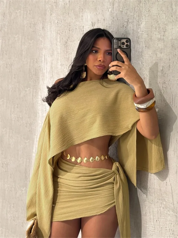 Leosoxs مثير 2 قطعة مجموعة المرأة انحراف طوق فضفاض المحاصيل القمم + Ruched عقدة الشريط تنورة مطابقة الشاطئ عطلة نادي الحفلات البدلة #4