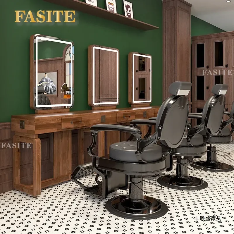 For Hair Retro Wooden Mirror Table Barber Shop Perm Dyeing Cabinet Integrated with Lamp Double Sided Styling Station