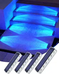 Yilaie LED Solar Step Lights for Outside 4 Pack Solar Stair Lights Blue Solar Deck Lights Waterproof IP68 Solar Pathway Lights