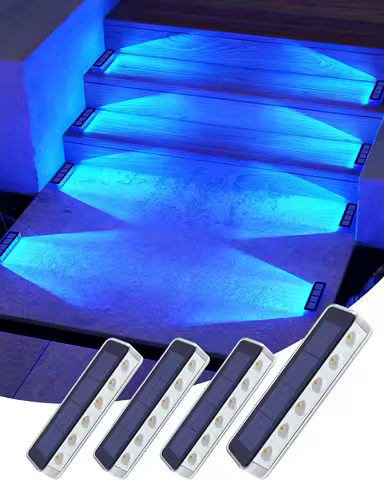 Yilaie LED Solar Step Lights for Outside 4 Pack Solar Stair Lights Blue Solar Deck Lights Waterproof IP68 Solar Pathway Lights