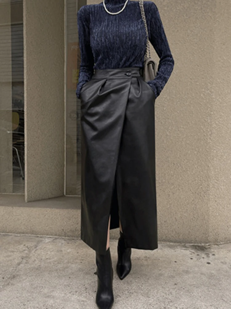 

New PU Leather Autumn/Winter Half Skirt Slim Solid Color Women's Half Skirt Irregular High Waist Half Skirt