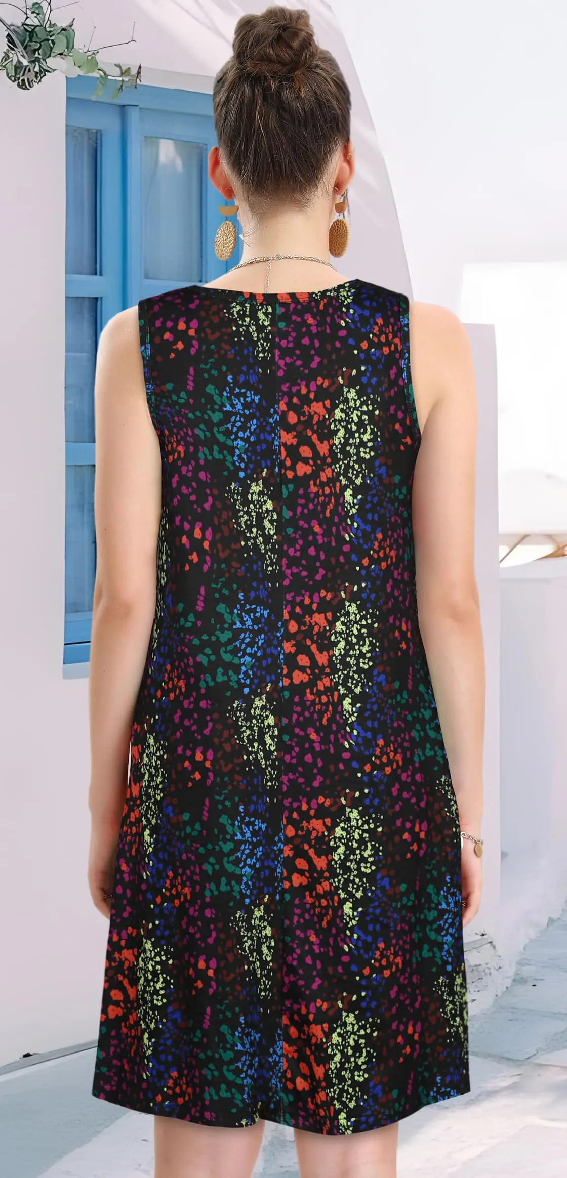 2024 Sommer Frauen knielangen blauen kleinen Blumen kleid lässig Trend Strand ärmellose Weste locker bequemes Kleid mit Rundhals ausschnitt