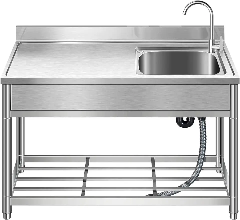 Free Standing Stainless-Steel Single Bowl, Commercial Restaurant Kitchen Sink Set w/Faucet & Drainboard, Prep & Utility Washing