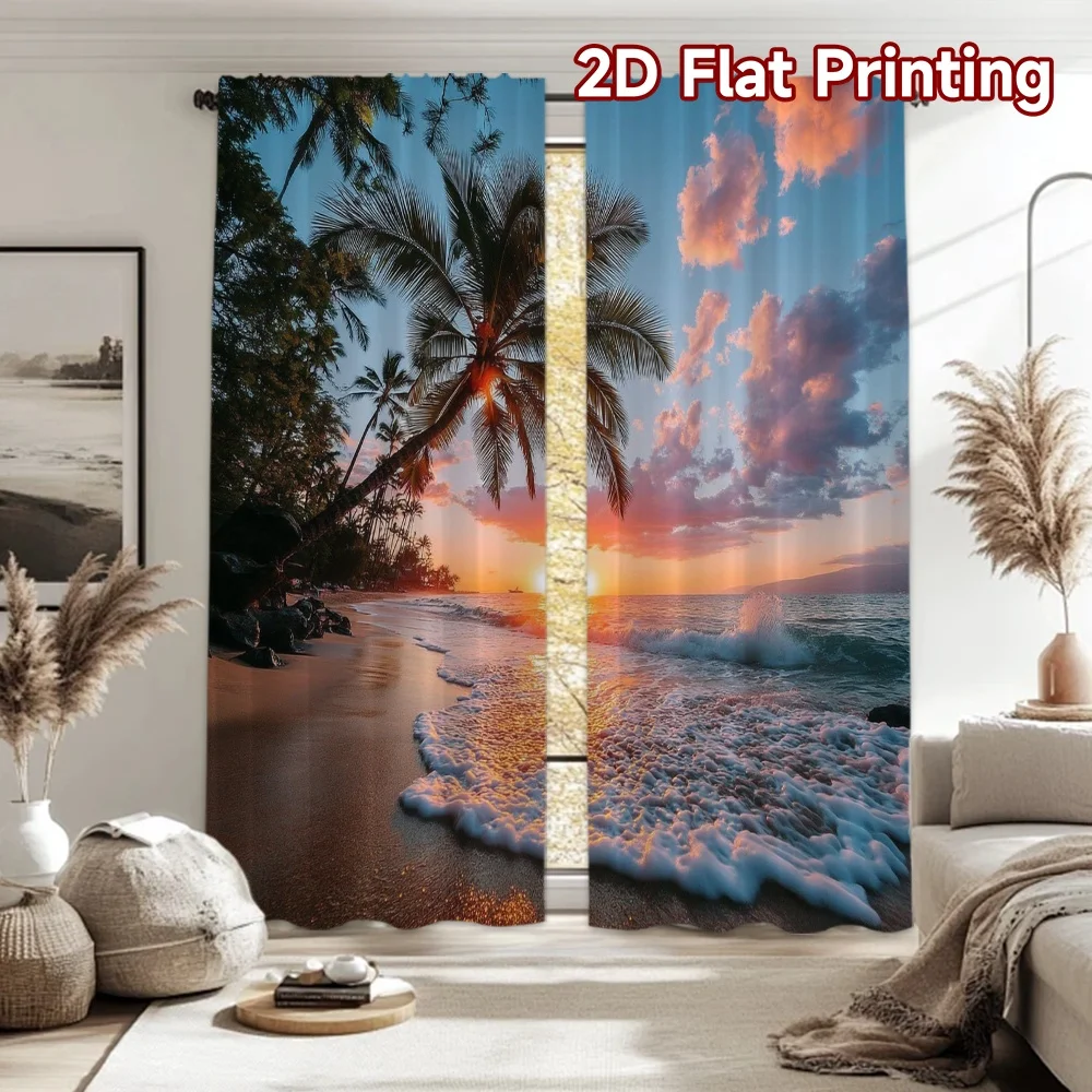 2pcs Tropical Beach Sunset Curtains Ocean Wave Palm Tree Window Drapes Coastal Landscape Decor Living Room Bedroom