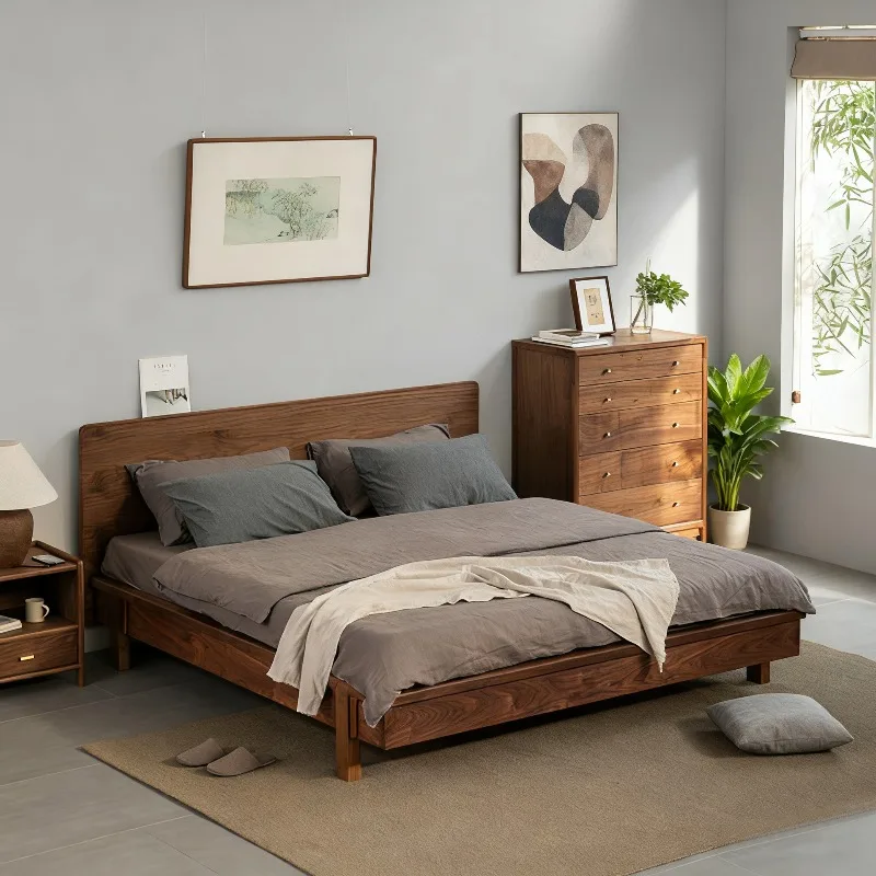

New Chinese North American black walnut solid wood bed Song style aesthetics Zen double 1.8 wedding bed solid wood furniture