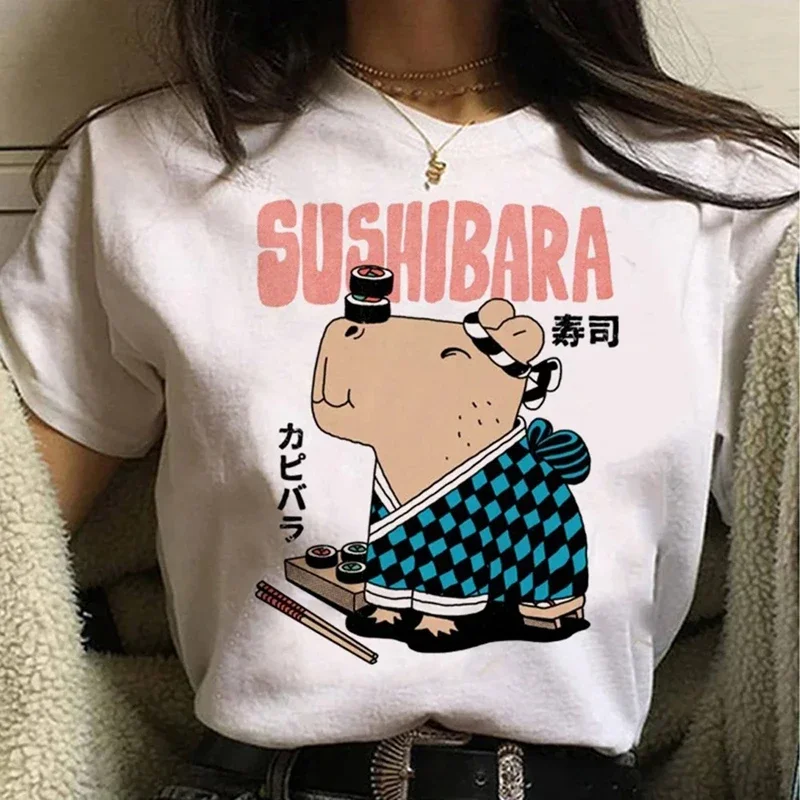 

Уличная одежда Capybara, белые модные женские футболки Harajuku Kawaii, одежда с короткими рукавами, летние футболки, повседневные женские топы с круглым вырезом