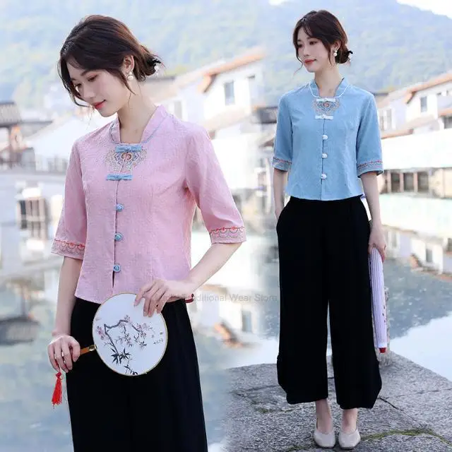 Spring Summer Vintage Zen Tea Suit Hanfu Cotton Linen Chinese Stand Collar Hanfu Blouse Vintage Lady Graceful Daily Top