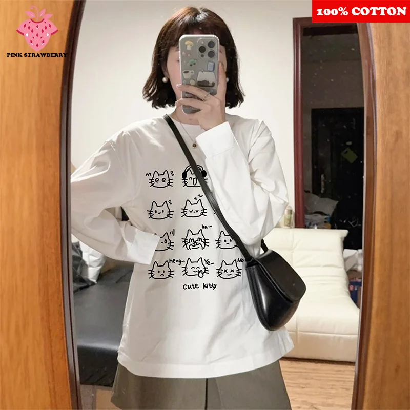 

Женская футболка с милым кошачьим принтом, осень 2025, новинка, 100% хлопок, оверсайз, белая футболка с длинными рукавами, свободная повседневная футболка Y2k, верхняя одежда в стиле каваи