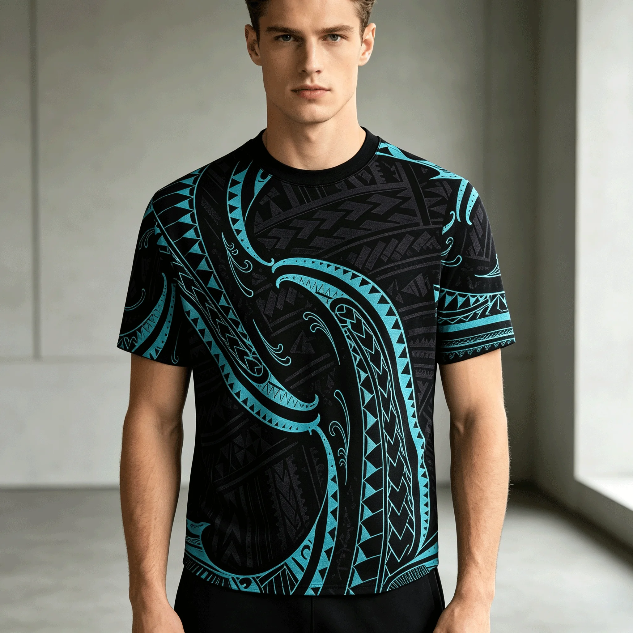 Men's Black Round Neck T-Shirt With Turquoise Tribal Totem 3D Printed Abstract Curve Triangle Ethnic Pattern Short Sleeved Shirt