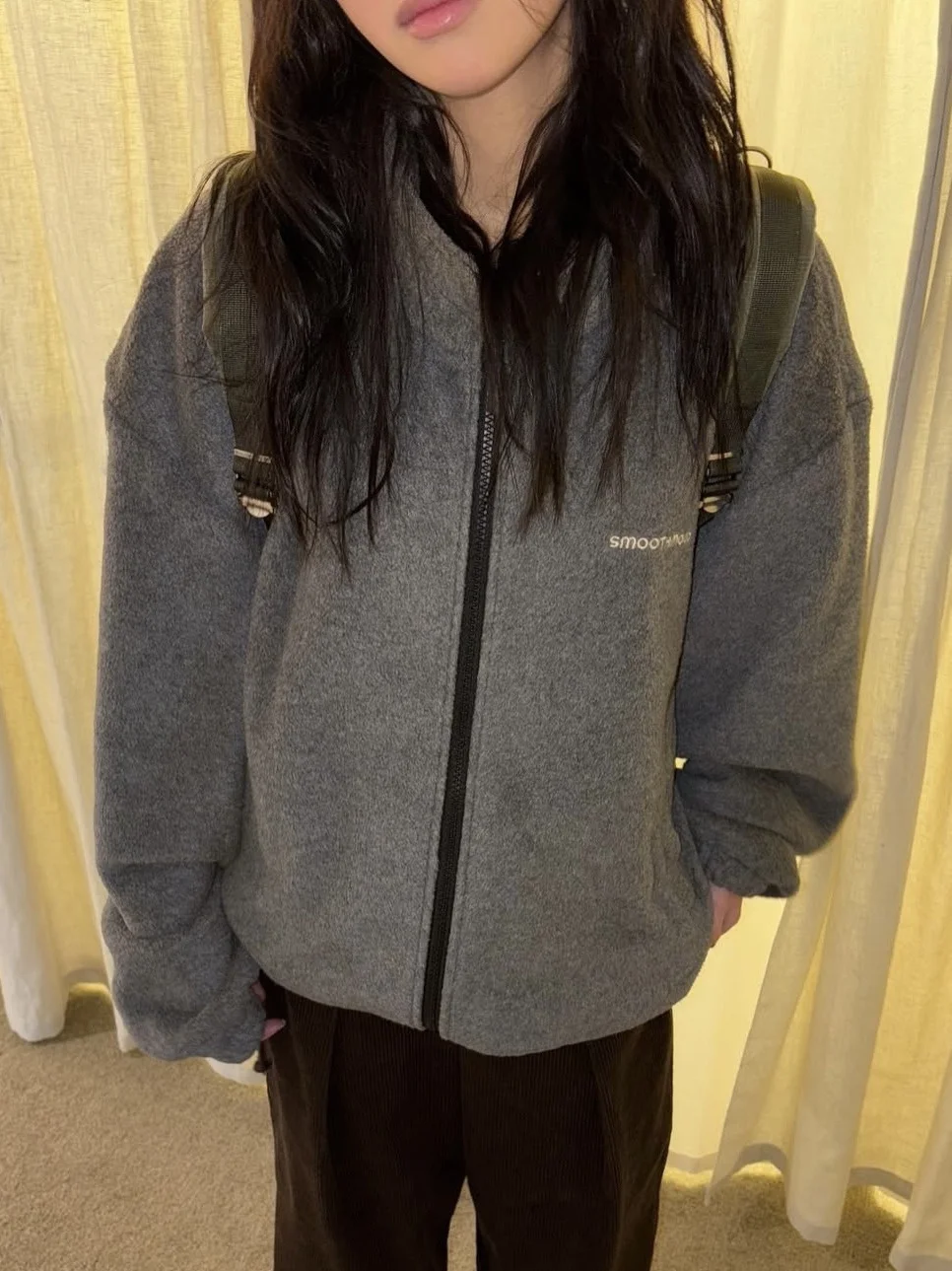 Korean Style Fleece Jacket with Zipper Smooth Letter Embroidery Stand Collar Hooded Long Sleeve Women's Warm Outerwear Coat