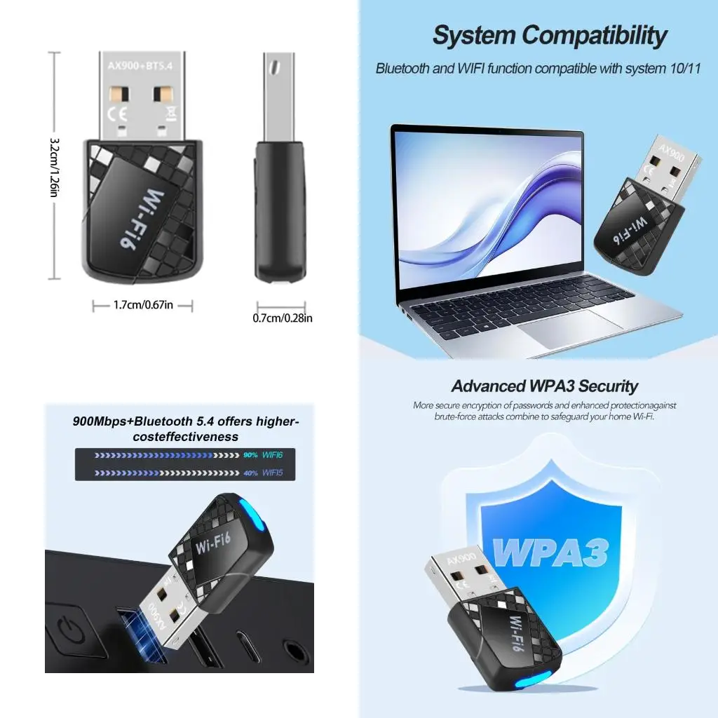 

A52B AX900 WiFi 6 USB Bluetooth-compatible Adapter Dongle Wireless Sound Receiver Transmitter 2.4Ghz&5GHz for Laptop PC