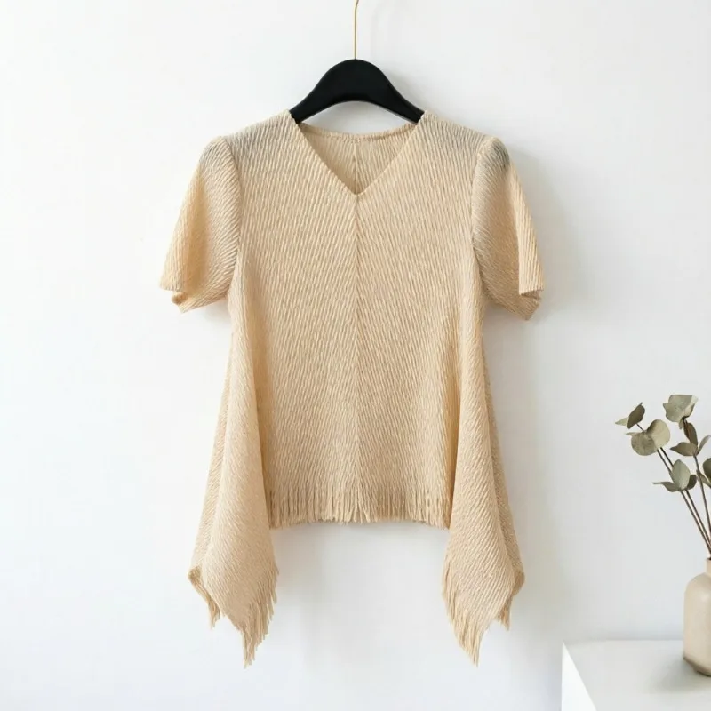  Pleated T-Shirt 2026 Summer New Elegant Draped Fringed Short Sleeve Anti-Wrinkle Commuter High Elastic Loose Top Women