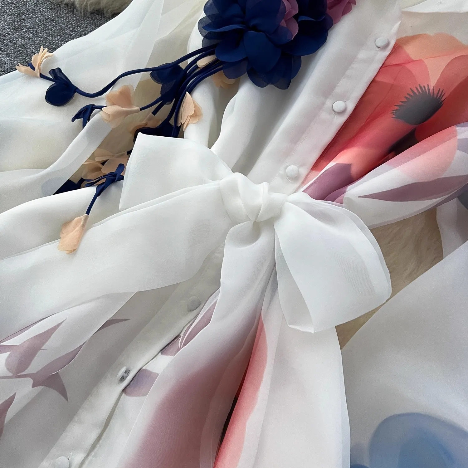 2025 Spring Summer Bohemian Dress Women's Lantern Sleeve Single Breasted Floral Print Belt Chiffon Robe Casual Party Maxi Dress