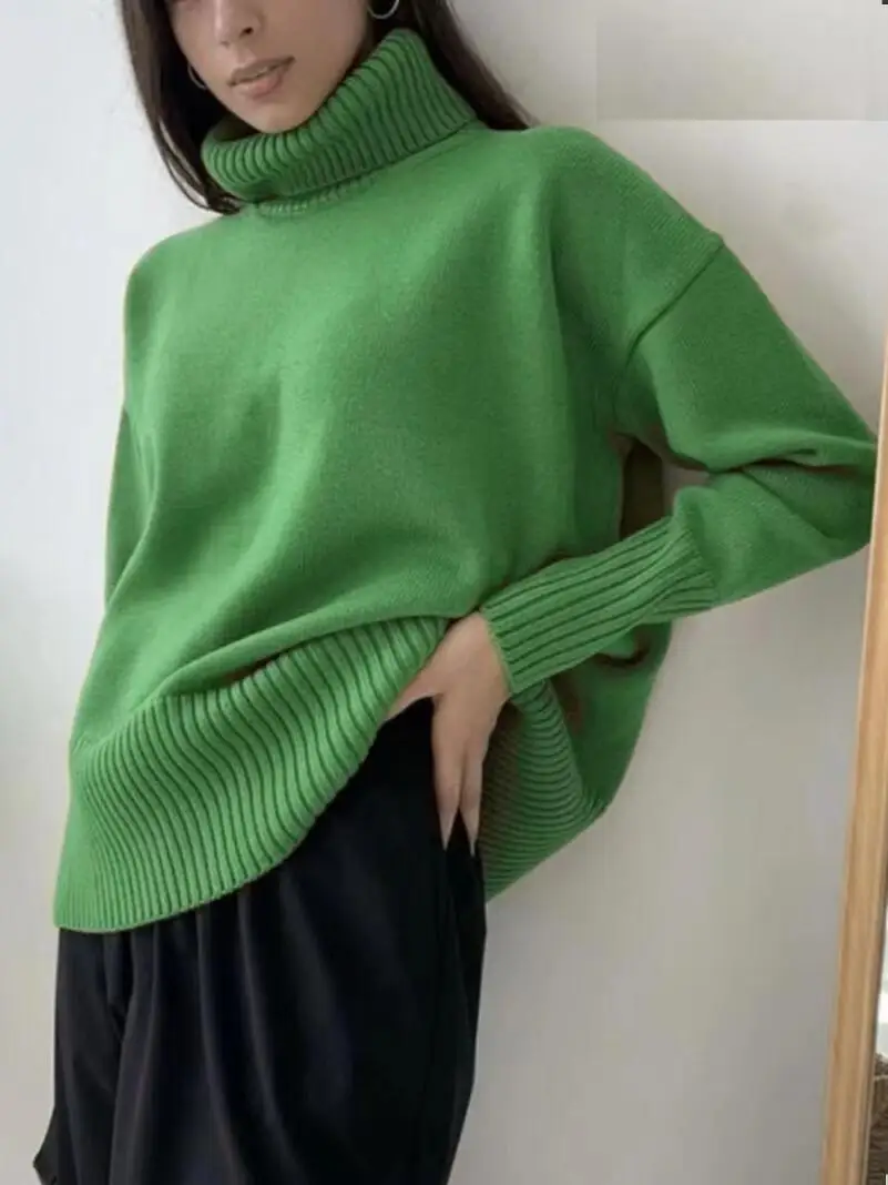 

Women's Casual High Collar Bubble Sve Sweater Pure Color Knitted Long Sve Batwing Sle Faionable Autumn Top