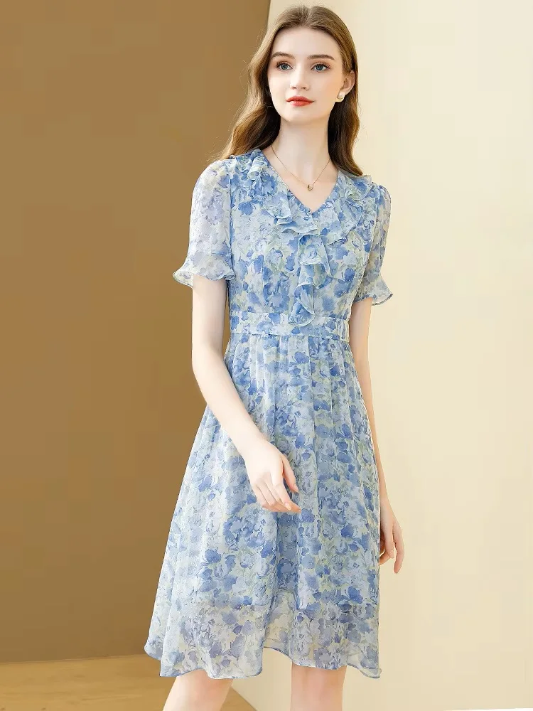 Damen Schickes Blaues Bedrucktes Chiffon-Kleid V-Ausschnitt Kurzarm Elegantes Büro A-Linien-Kleid Sommer Für Damen Party Vestidos