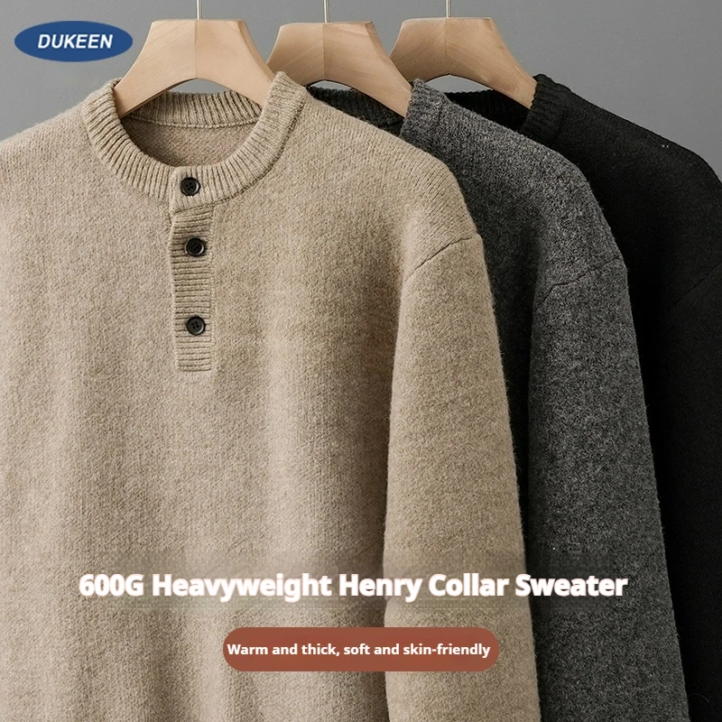 

DUKEEN 600G Heavyweight Henley Sweater for Men Winter New Luxury Thick Warm Knitwear Pullover Men's Casual Winterwear