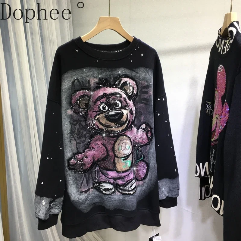 Heavy Embroidery Sequins Women Sweatshirt Cute Bear Gradient Tie Dye Thicken Fleece Pullover Top O-neck Long Sleeve Hoodies