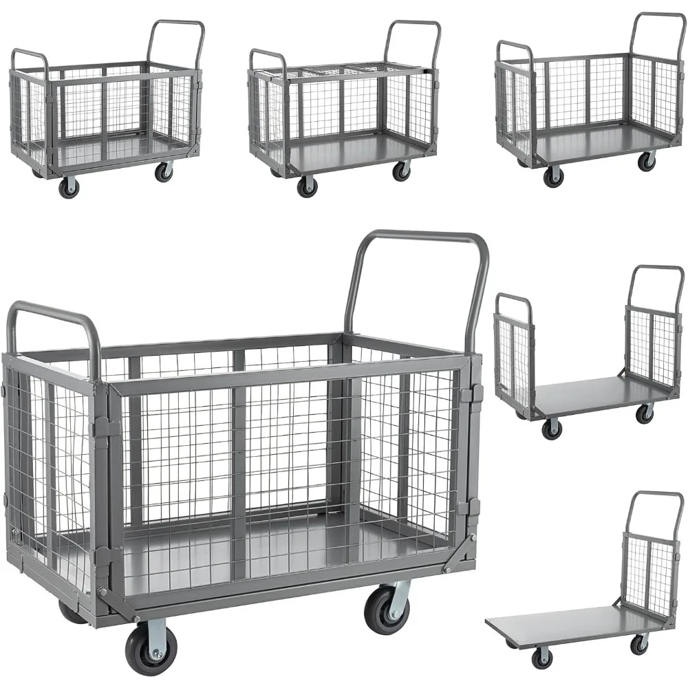 Carrinho de caminhão de plataforma com gaiola, carrinho de plataforma resistente 5 em 1 com gaiola, capacidade de 2000 lbs, carrinho de pressão dobrável, dolly com 5" fundido