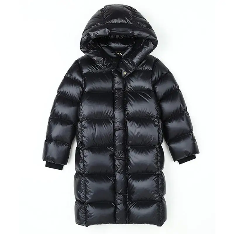 Boys and Girls Winter New Black and Gold Long Knee Length Plush and Thick Hooded Windproof and Warm Fashionable Cotton Jacket