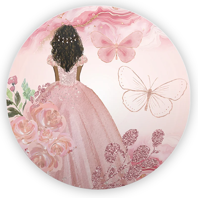 Mehofond Background Quinceañera 15th Princess Dress Flower Butterfly Sweet Girl Birthday Decor Backdrop Cover Round Photo Studio