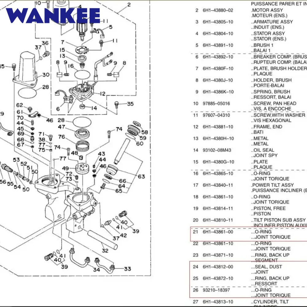 Wankee Tilt Trim Cap With Seals 6H1-43810 6H1-43810-11 Replacement Parts For Yamaha 2 Stroke 4 Stroke Outboard 60 70