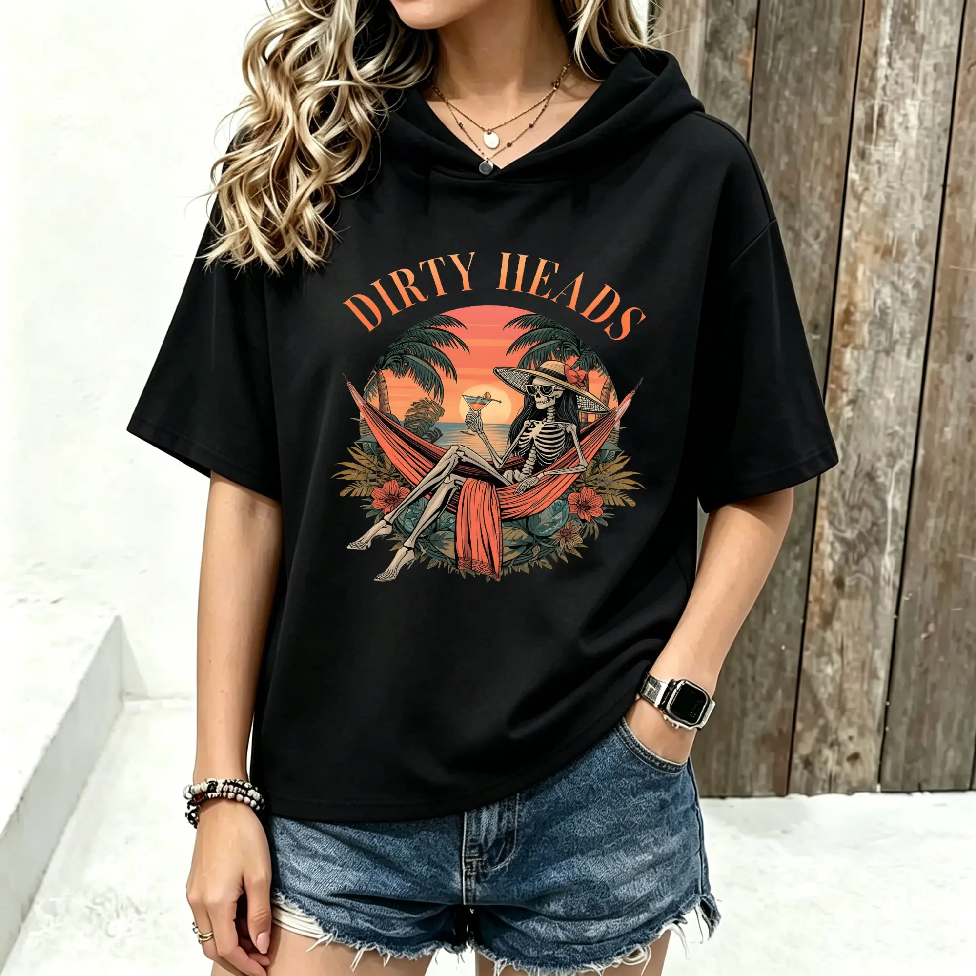 Women Short Sleeve Hooded T‑Shirt Beach Female Skeleton Coconut Tree Graphic Print Spring Summer Loose Hoodie Tee Streetwear Casual Short Sleeve Hood Tops