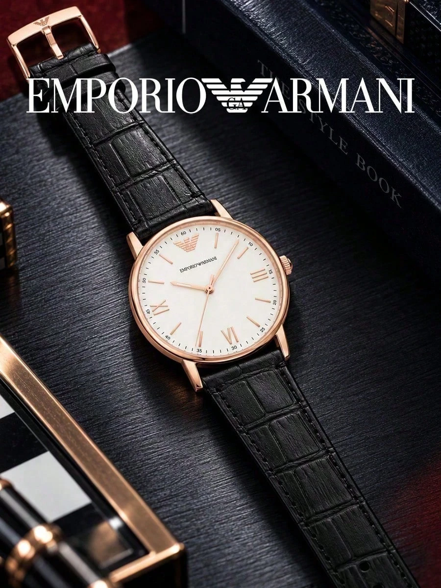 Emporio Armani AR80015M Kappa Series Quartz Watch 41mm Rose Gold White Roman Dial Black Leather Band 5ATM Waterproof Men Watch