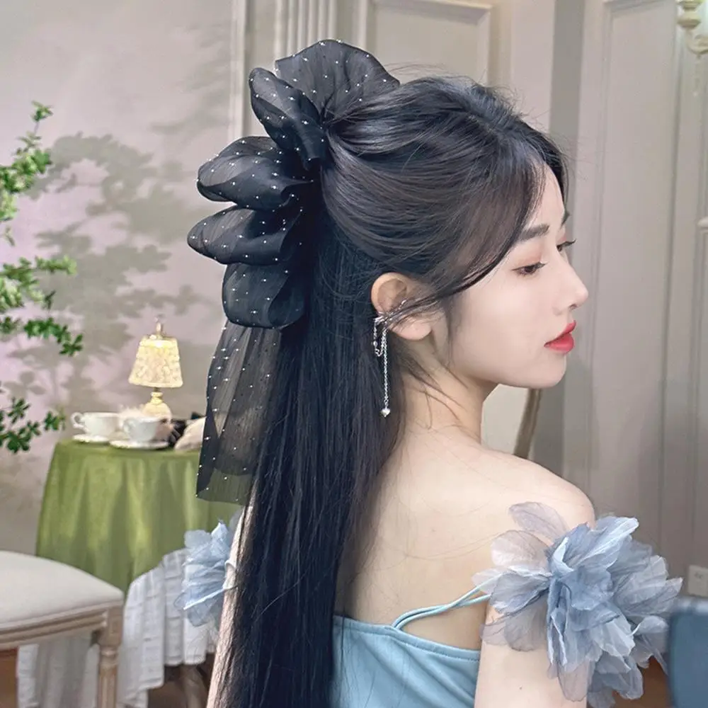 

Tulle Large Bowknot Ponytail Clip Rhinestone Decorated Mesh Hair Clip Ribbon Large Bow Claw Clip Super Fairy Hair Accessories