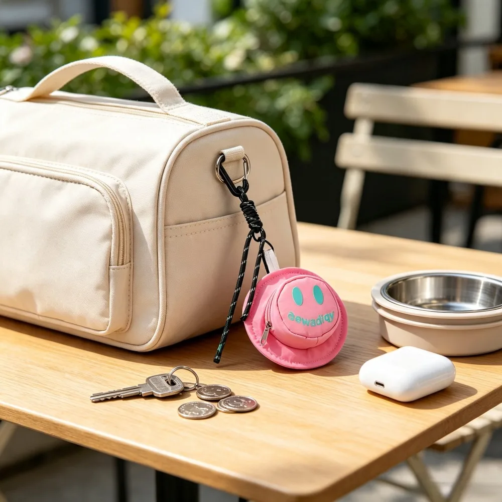 1 Pack Pink Cartoon Smiley Hanging Mini Zipper Pouch, 14×14cm Portable Coin Key Earphone Makeup Purse, Letter‑Print Small Change Storage Bag with Carabiner Braided Lanyard for Backpack School Travel