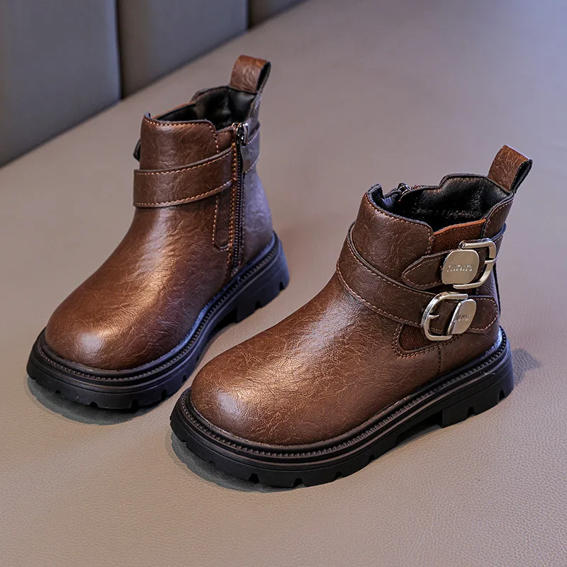 Leather Boots for Kids Autumn Winter British Mid Length Single Boot for Little Girls Fashionable Short Boots for Children 26-36