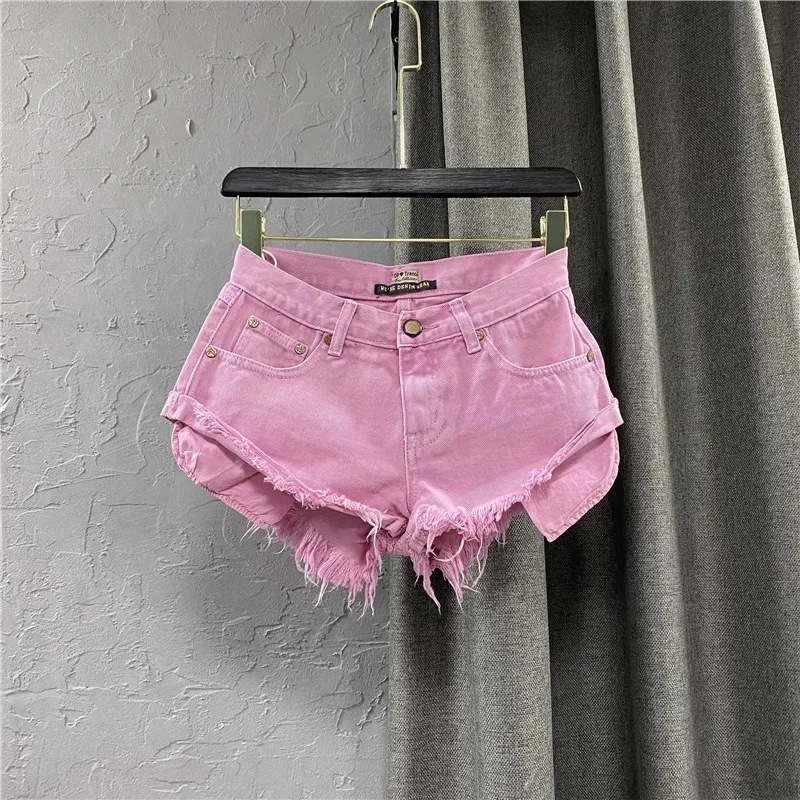 Pink Low Waist Denim Shorts for Women Korean Style Exposed Pocket Wide Leg A-Line Hot Pants Summer Commute Casual Shorts