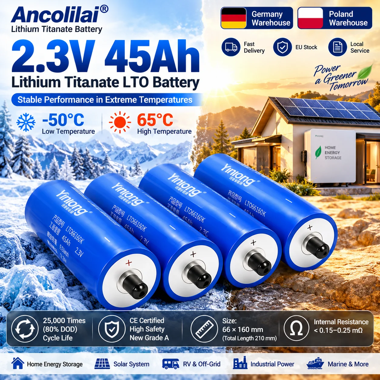 Cella batteria al litio titanato Yinlong 2.3V LTO 66160K, capacità nominale 45Ah, per pacchi solari da tetto, durata ciclica 30000 cicli al 80% DOD, include connettore e dado M12, interruzione scarica