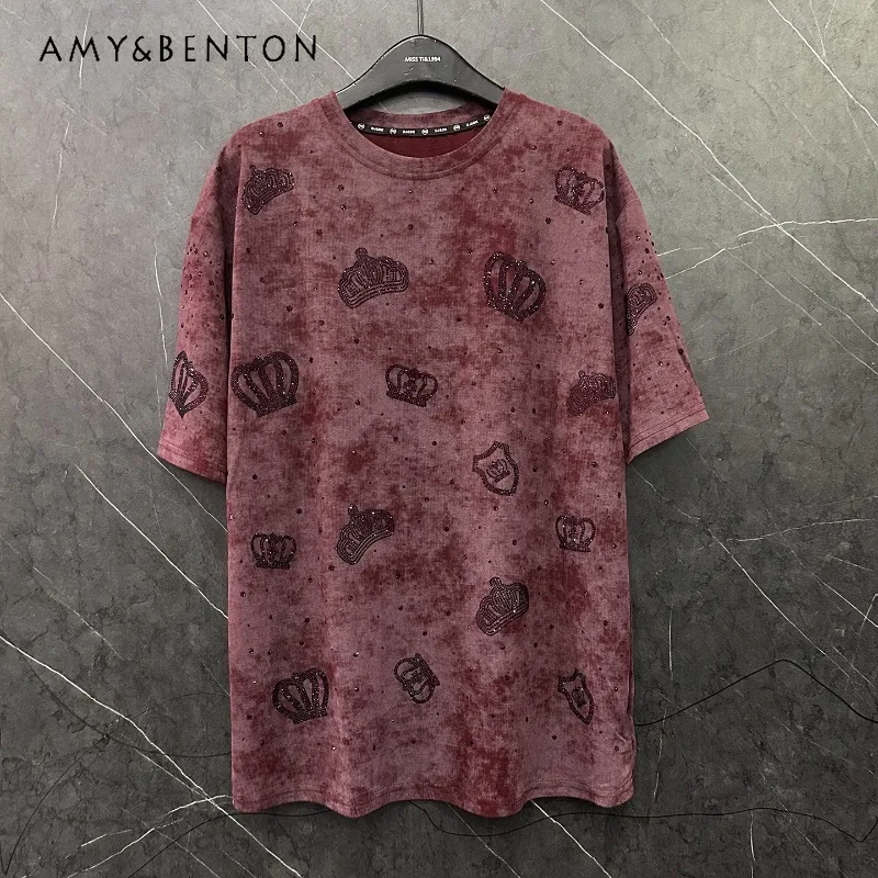 

Heavy Industry New Diamond Drills Crown Tie-dye Short-sleeved T-shirts Women's Summer Loose Fashion Medium And Long Top Pullover