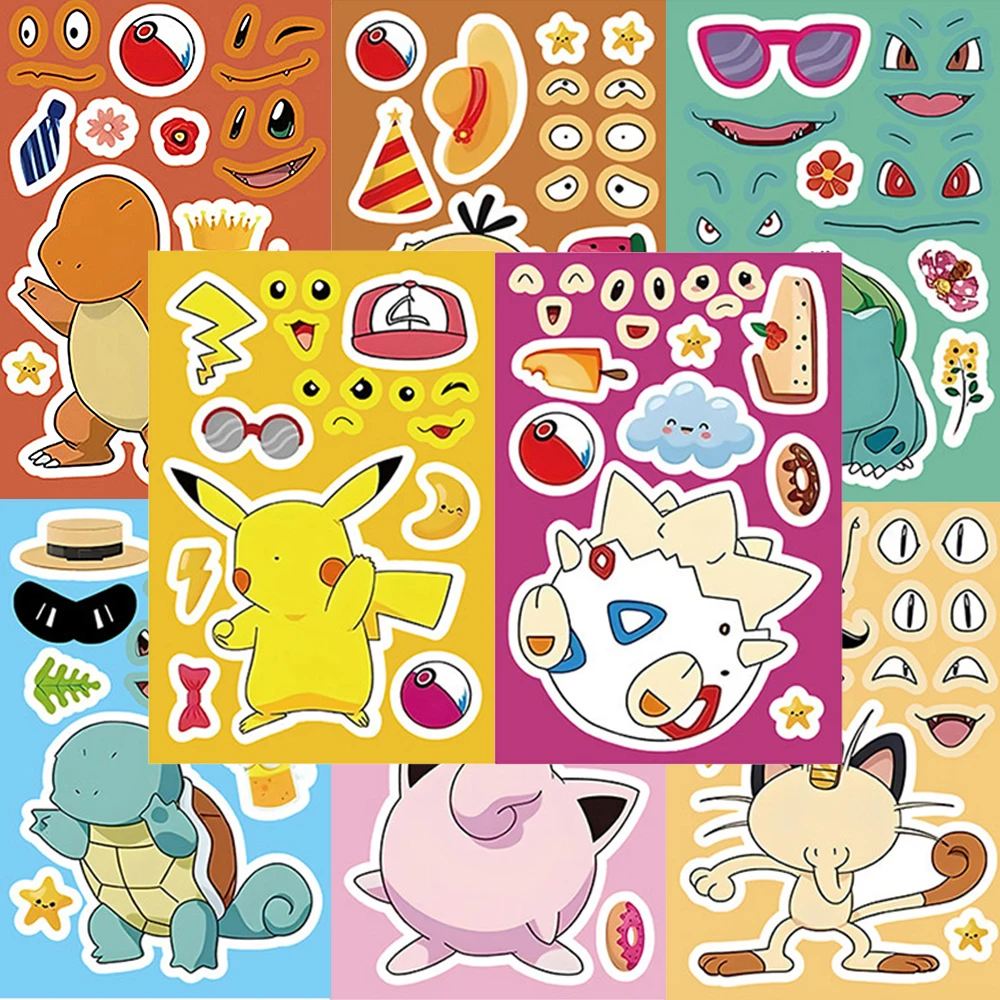 

8/16sheets Cute Anime Pokemon Puzzle Stickers Pet Elf Pikachu Make a Face Sticker Funny DIY Assemble Jigsaw Cartoon Toy for Gift