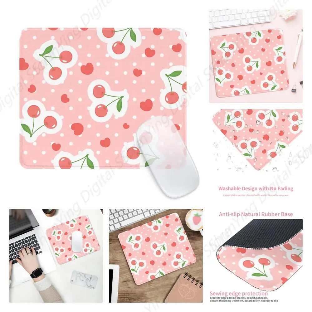 Square Cute And Interesting Mouse Pad Non Slip Rubber Base Computer Mouse Pad Pink Cherry And Heart-Shaped