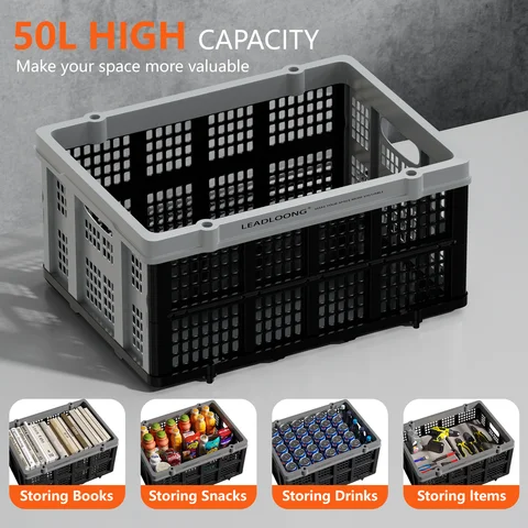 1Packs 50L Collapsible Crate 22*15.7*10.7inch/56*40*27.3cm Stackable Storage Baskets with Handles Folding Storage Containers