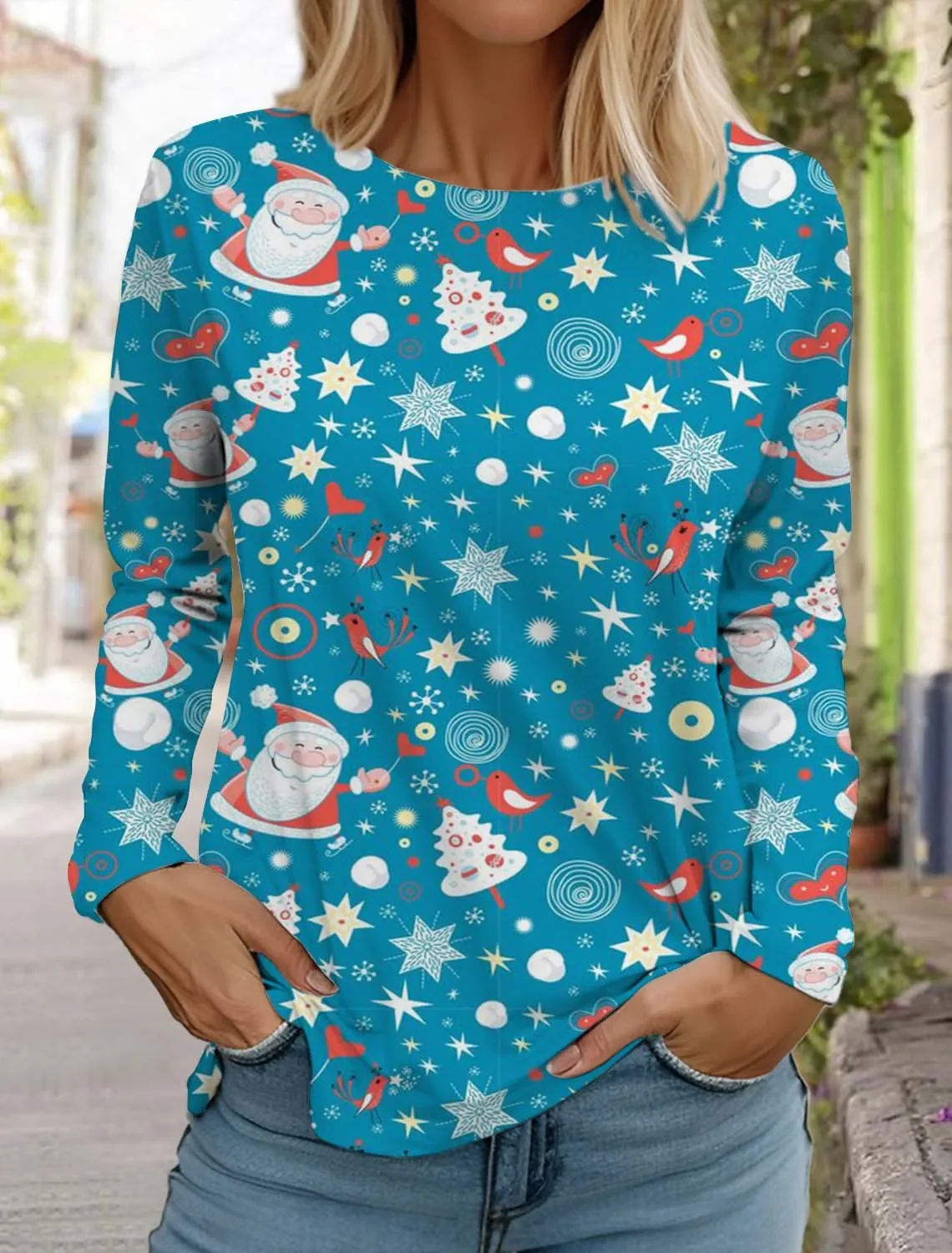 2024 New Autumn T shirts Fashion Christmas Women's Long Sleeve Santa Claus Pattern Tshirt Tops Harajuku Casual Pullover Clothing