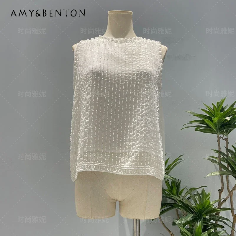 

French Style New Elegant Top Camisoles Heavy Industry Beads Sequined Stringed Pearls Chiffon Vest Jacket Women's Tanks Blouse