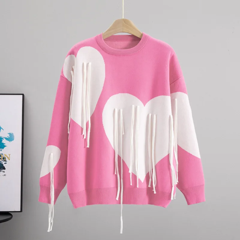 

Women's Loose Sweater Autumn and Winter Soft Round Neck Tassel Love Lazy Style Fashion Pullover Sweater Top