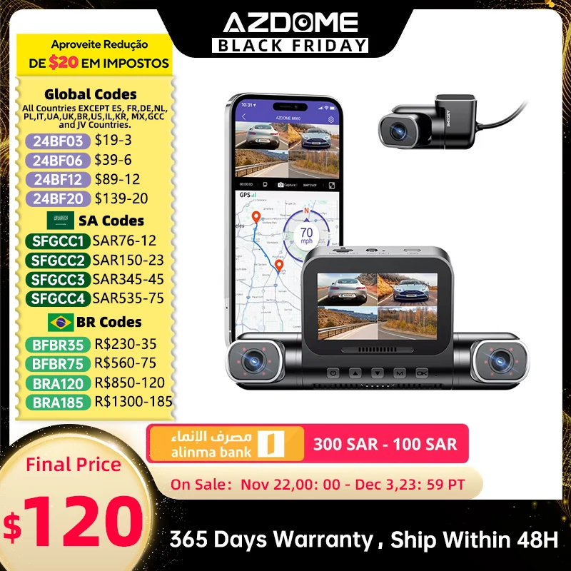 AZDOME M660 Dash Cam Front and Rear Inside 4 Channel 2K+1080P*3 Dash Camera for Cars IR Night Vision GPS WiFi 24H Parking Mode