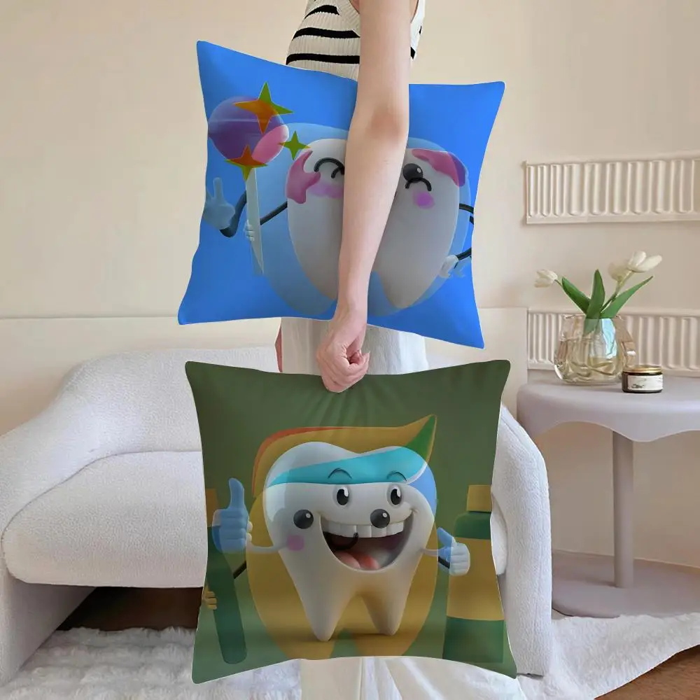 Dental Clinic Cute Tooth Anime Cushion Cover Anti-dustmite Pillowcase Invisible zipper silky short plush Sofa cushion cover