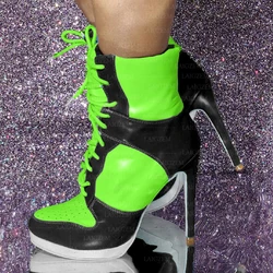 ZHIMA Women Ankle Boots Patchwork Thin High Heel Faux Leather Short Boots Lace Up Casual Ladies Botines Mujer Big Size 41 43 52