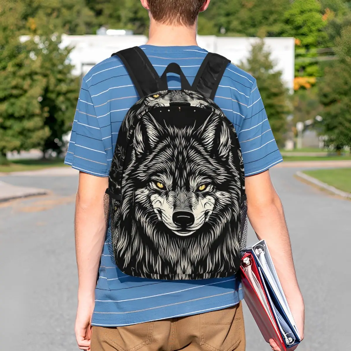 Wolf Surrounded By Flowers Backpack Student BookBag Kids School Bag Laptop Shoulder Bags for Men Women