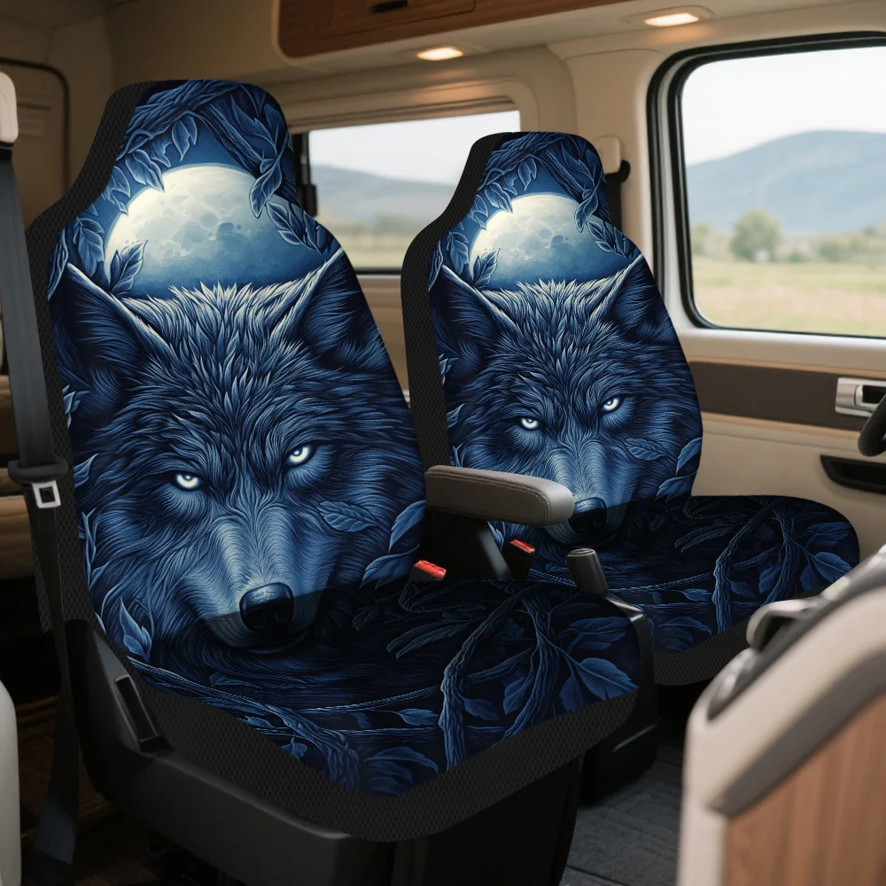 2pcs Horror Fantasy Wolf Moon Themed Car Seat Cover Set – Full Set For 2 Front Seats, Universal Fit, Durable Design, High-Qualit