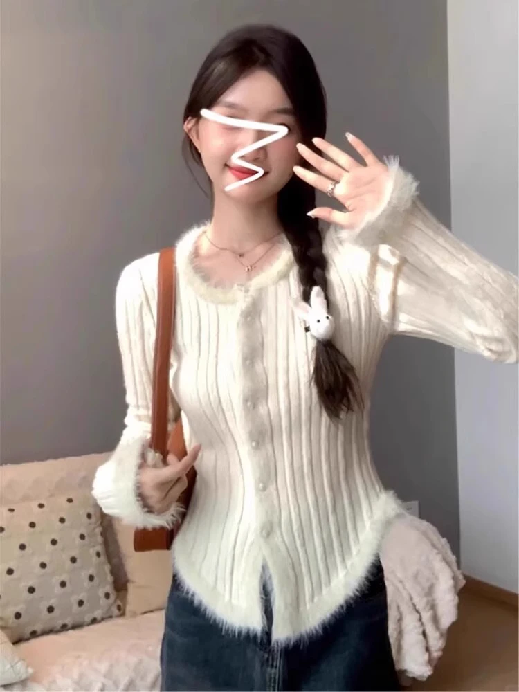 

Ele White Knitted Sweater Women's Winter Base Layer irt 2025 New Design Knit Cardigan Outerwear Top for Young Girls