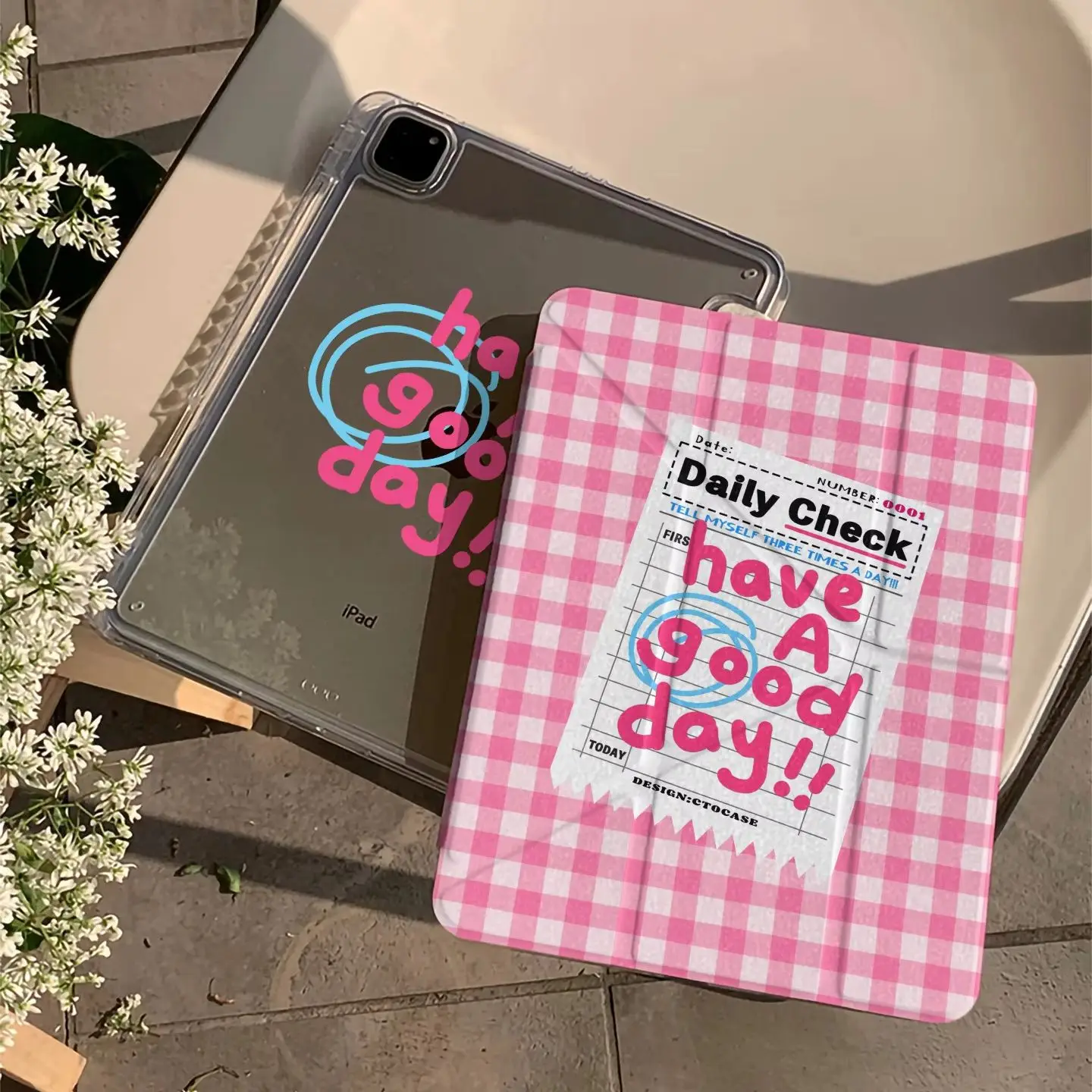Ins Cute Pink Plaid Note Y2K Y-Fold Tablet Case For iPad Pro 11 12.9 13 A16 M2 M4 M3 M5 5/6/7/8/9/10/11th Mini Air 3 4 5 6 Cover