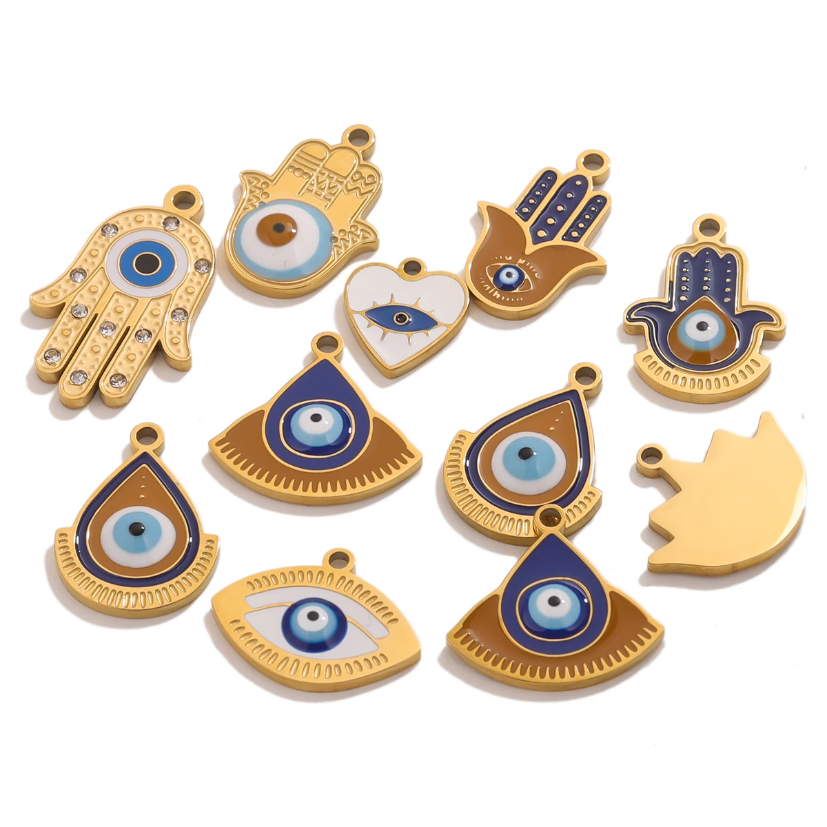 

2pcs Stainless Steel Evil Eye Palm Heart Oval Charms Gold-Plated DIY Bohemian Style Necklaces Bracelets Jewelry Making Materials