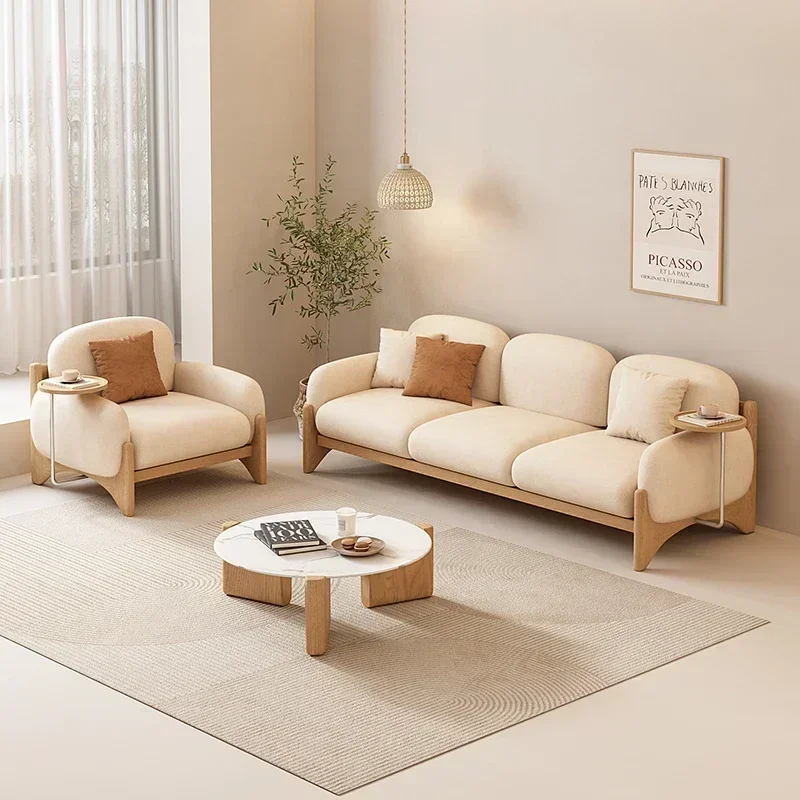 

Japanese Style Cream Style Solid Wood Sofa Modern Minimalist Three-Seat Straight Row Cloud Fabric Sofa